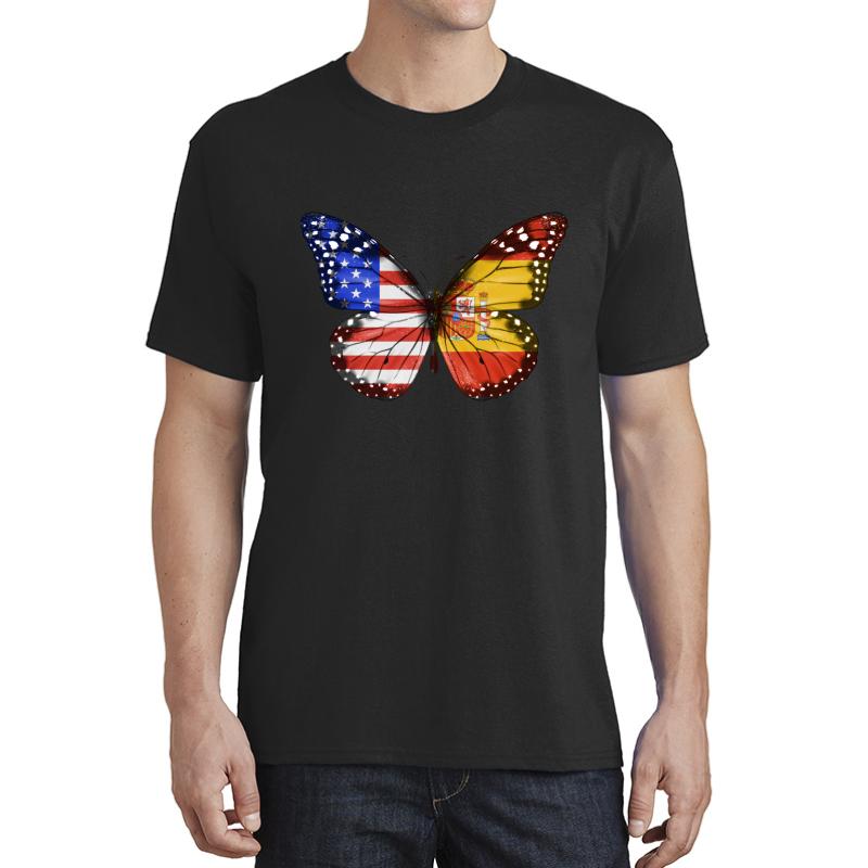 American Spanish Butterfly With The America Spain Flag On Wings Unisex T-Shirt Men Black