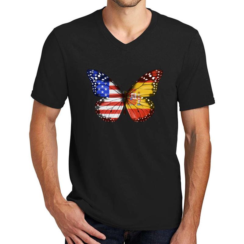 American Spanish Butterfly With The America Spain Flag On Wings Unisex V-Neck T-Shirt Men Black