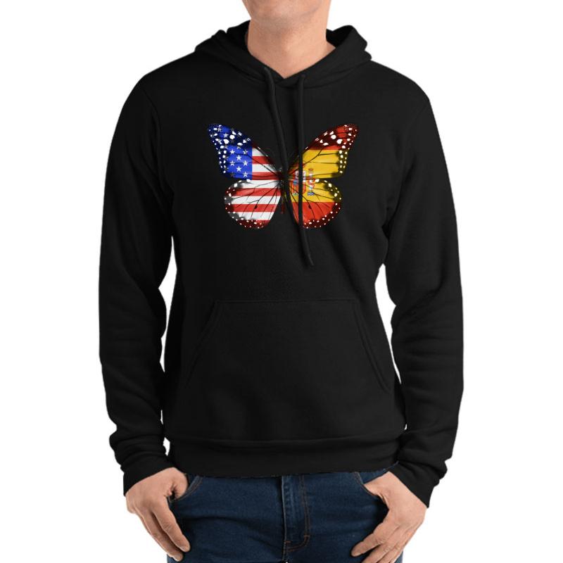 American Spanish Butterfly With The America Spain Flag On Wings Unisex Hooded Sweatshirt Men Black