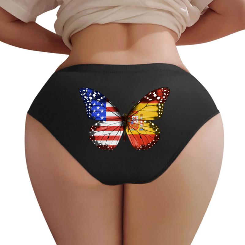 American Spanish Butterfly With The America Spain Flag On Wings Women Underwear Panties Women Black