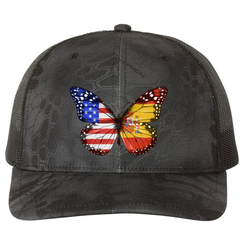 American Spanish Butterfly With The America Spain Flag On Wings Richardson Premium Trucker Snapback Cap  Kryptek Typhon Black