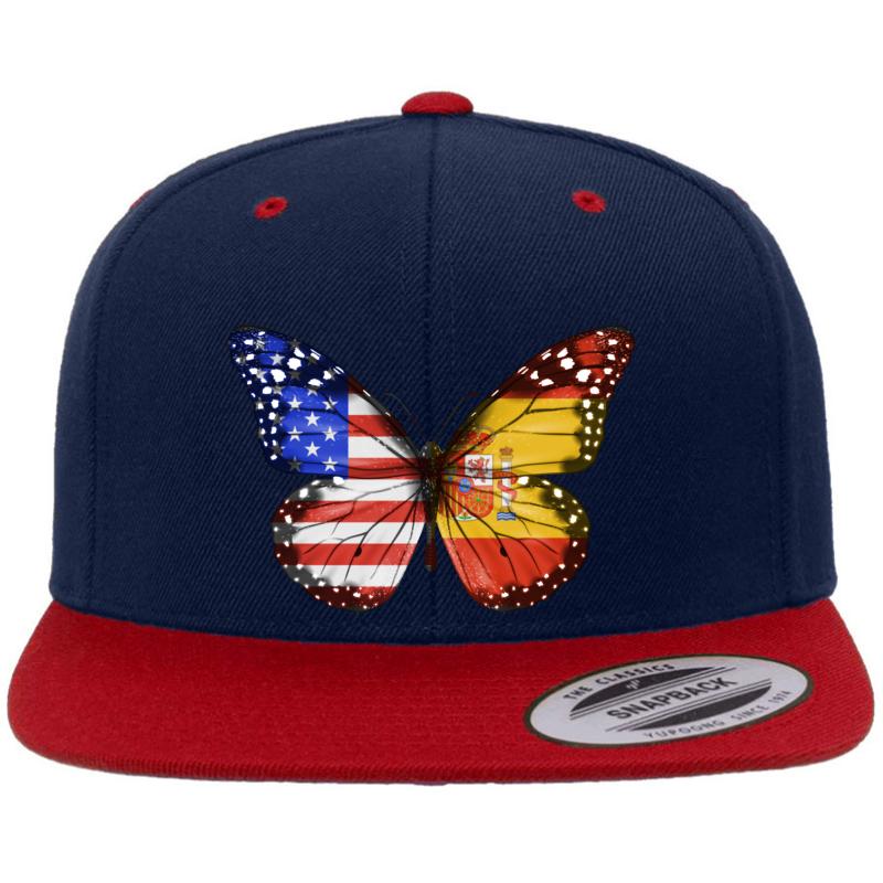 American Spanish Butterfly With The America Spain Flag On Wings Premium Flat Bill Snapback Cap  Navy