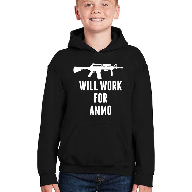 Will Work For Ammo - Funny 2Nd Amendment Gun  Youth Hooded Sweatshirt Boy Black