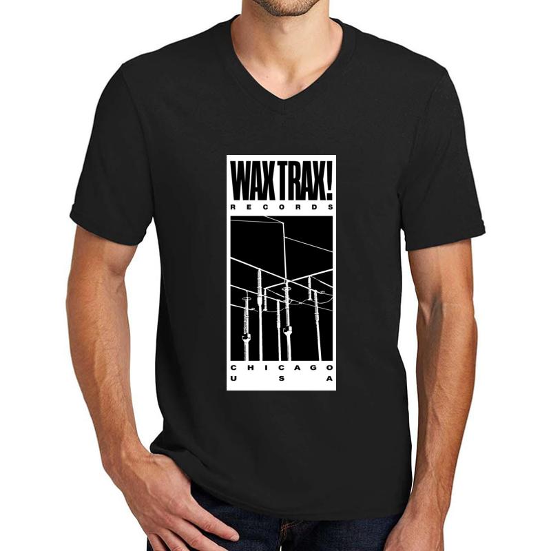 Wax Trax! Usa Chicago - White On Black Unisex V-Neck T-Shirt Men Black