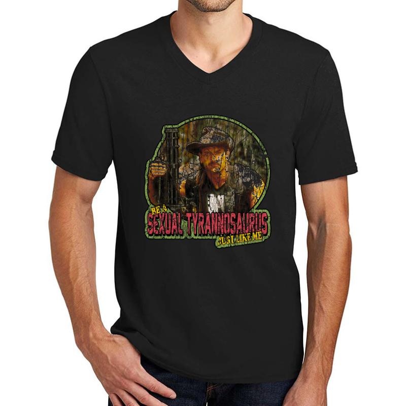 80S Schwarzenegger Classic Predator Blain Sexual Tyrannosaurus Vintage  Unisex V-Neck T-Shirt Men Black