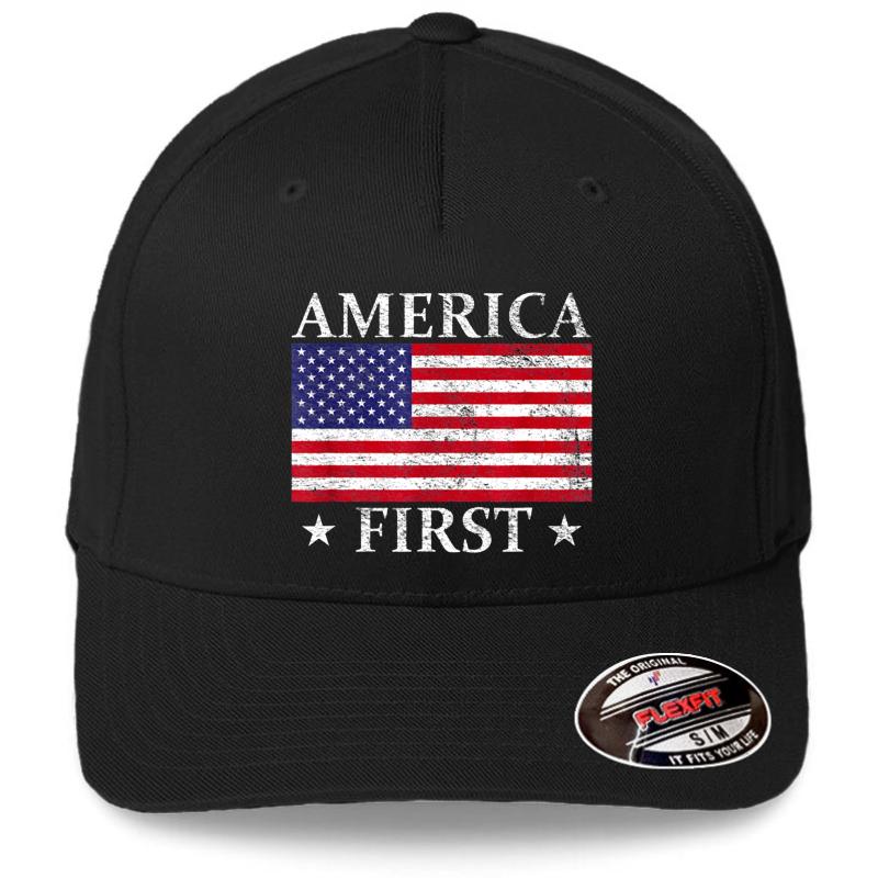 America-First-Usa-American-Flag-Patriot-Stars-And-Stripes Flexfit Baseball Cap  Black