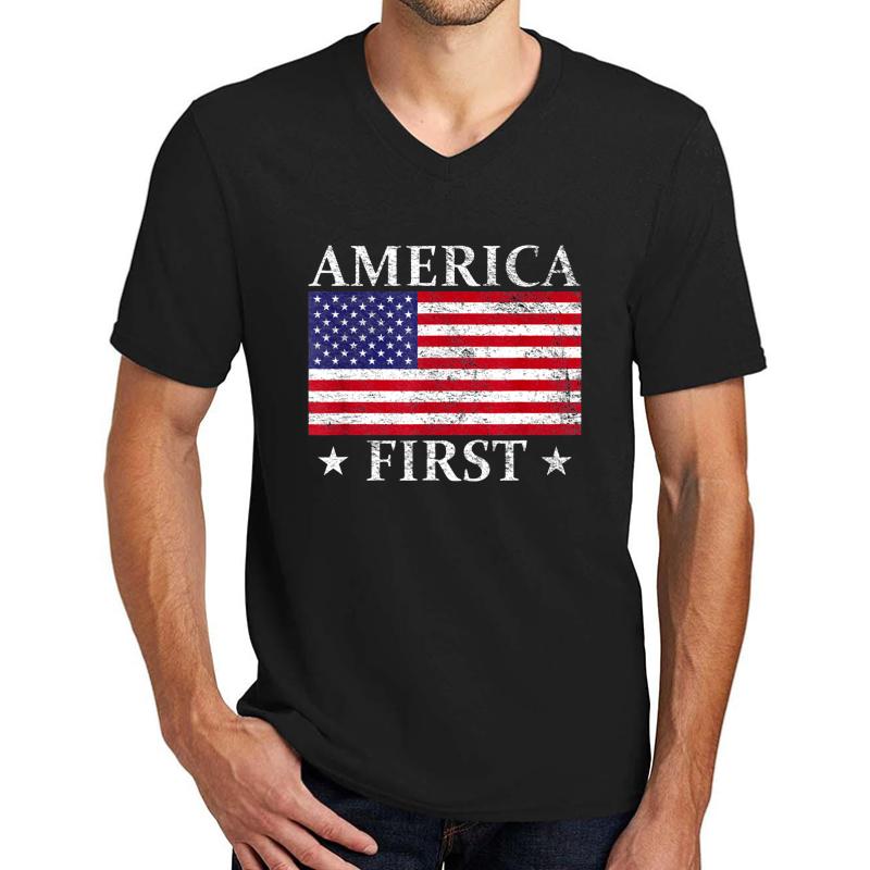 America-First-Usa-American-Flag-Patriot-Stars-And-Stripes Unisex V-Neck T-Shirt Men Black