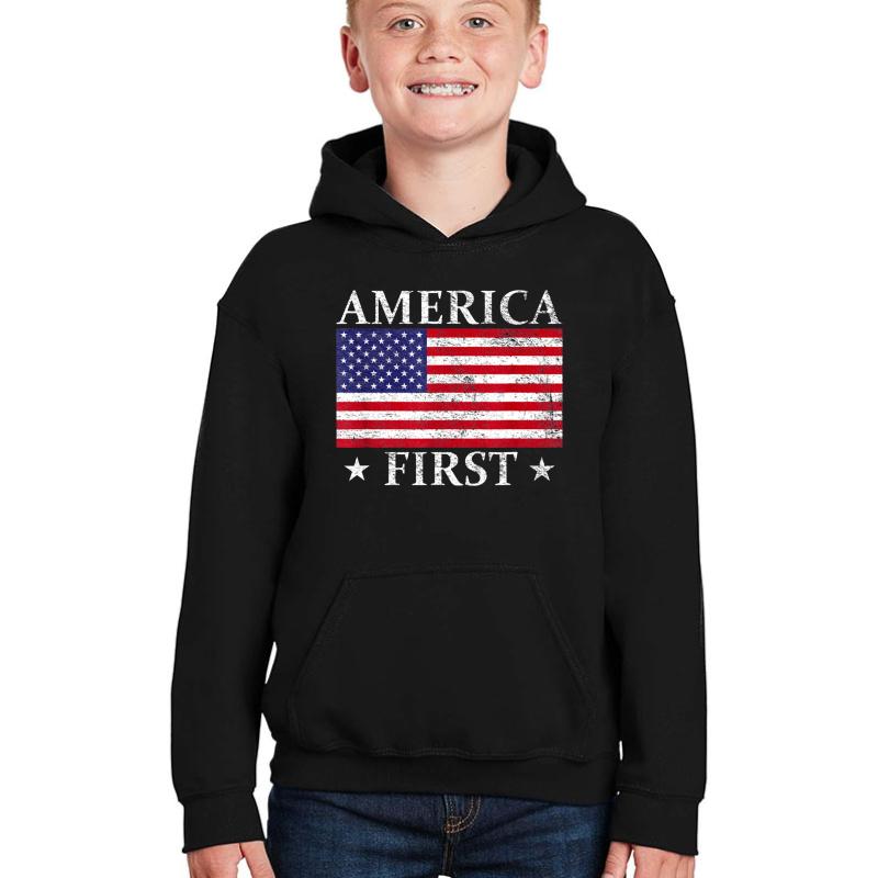 America-First-Usa-American-Flag-Patriot-Stars-And-Stripes Youth Hooded Sweatshirt Boy Black