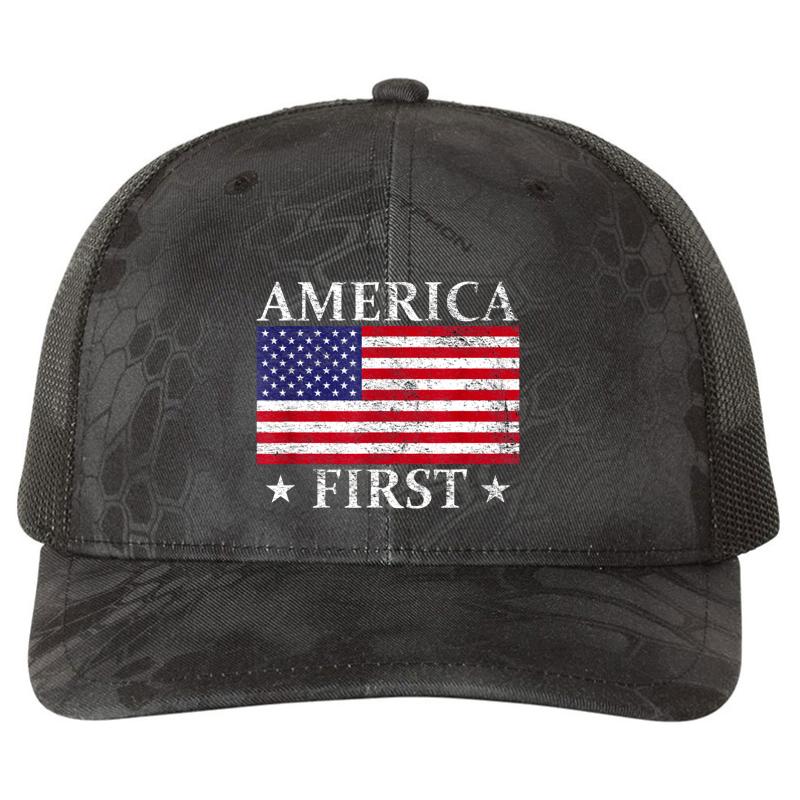 America-First-Usa-American-Flag-Patriot-Stars-And-Stripes Richardson Premium Trucker Snapback Cap  Kryptek Typhon Black