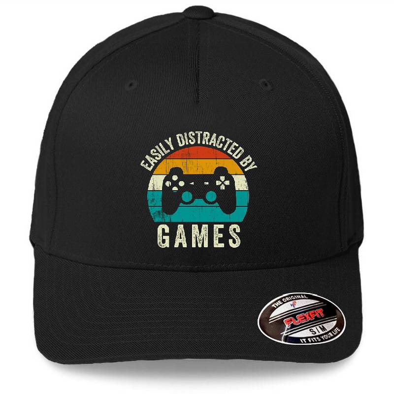 Easily Distracted By Games - Vintage Video Gamer Boys Premium Flat Bill Snapback Caps