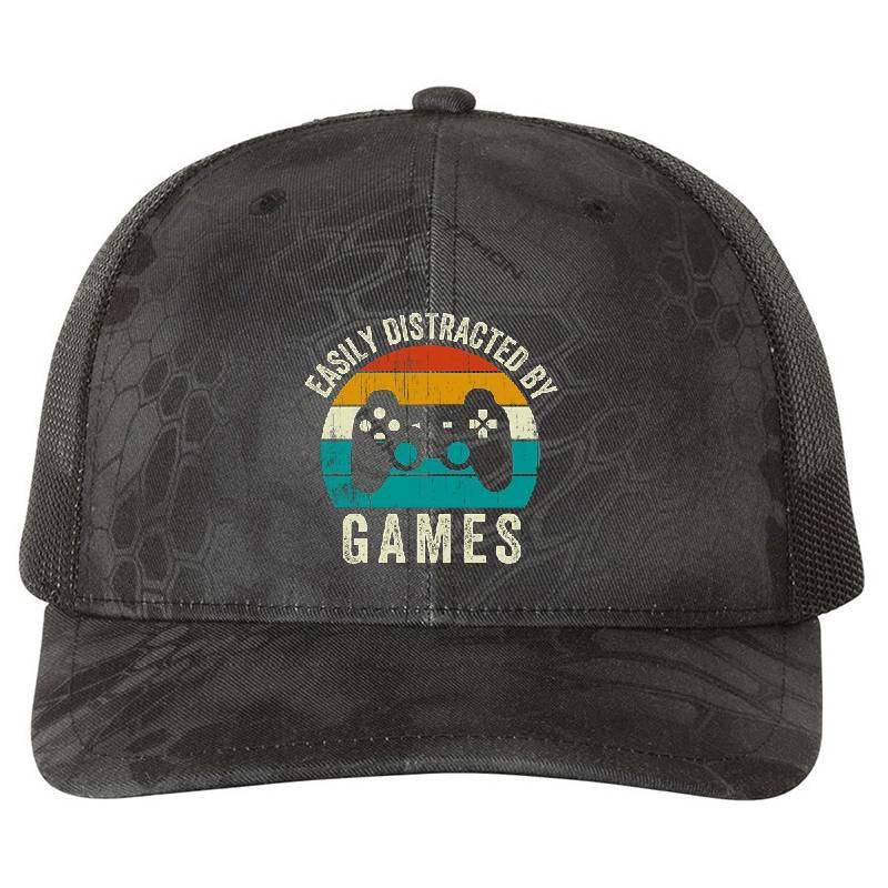 Easily Distracted By Games - Vintage Video Gamer Boys Premium Flat Bill Snapback Caps