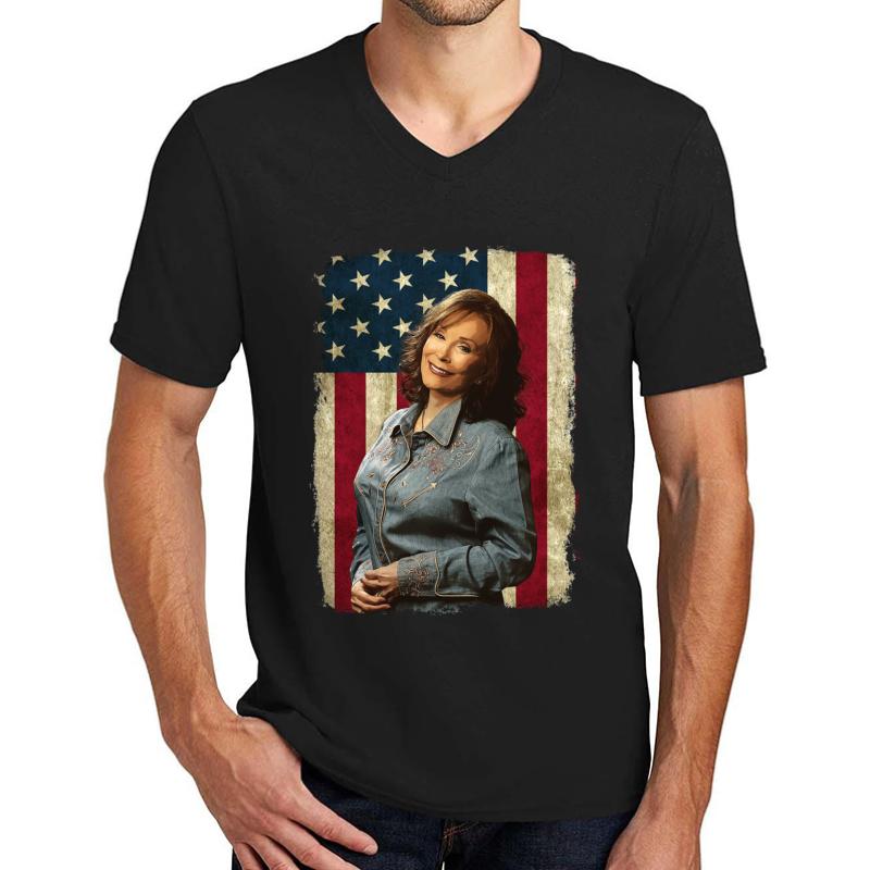 Vintage American Flag Loretta Lynn Legend Unisex V-Neck T-Shirt Men Black