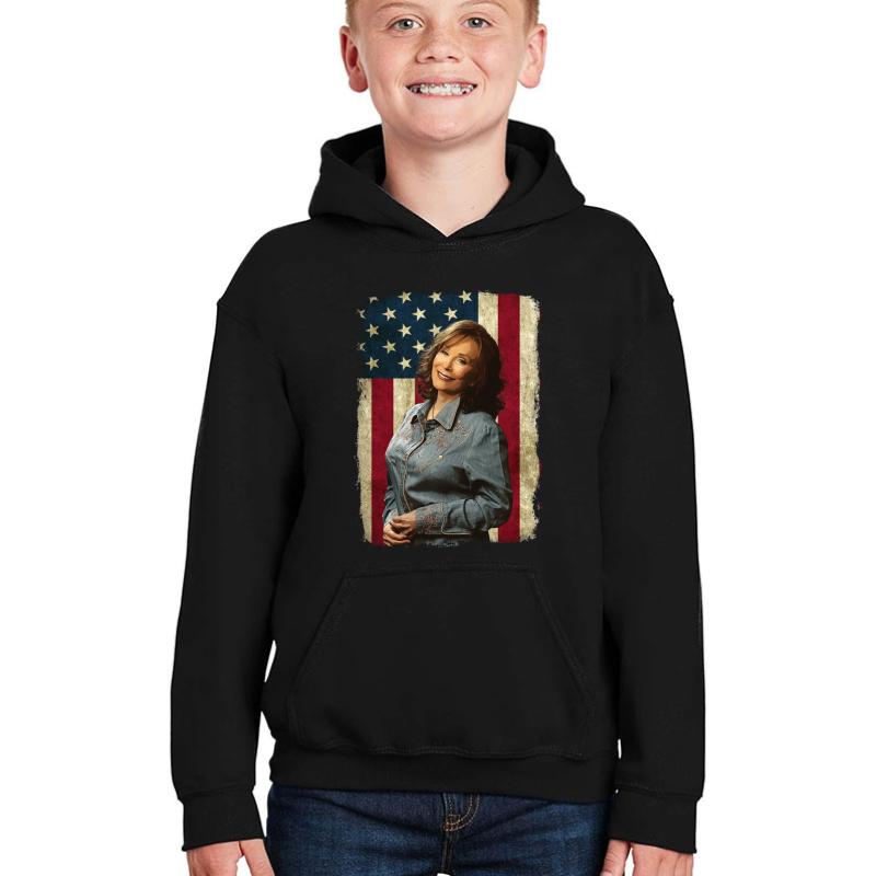 Vintage American Flag Loretta Lynn Legend Youth Hooded Sweatshirt Boy Black