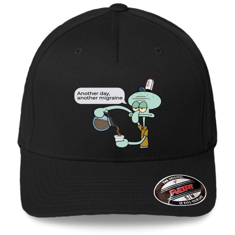 Another Day Another Migraine Relatable Squidward Flexfit Baseball Cap  Black