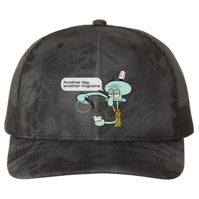 Another Day Another Migraine Relatable Squidward Richardson Premium Trucker Snapback Cap  Kryptek Typhon Black