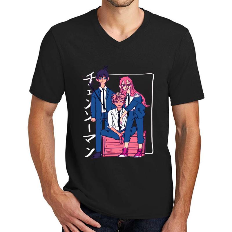 Vaporwave Chainsaw Man Unisex V-Neck T-Shirt Men Black