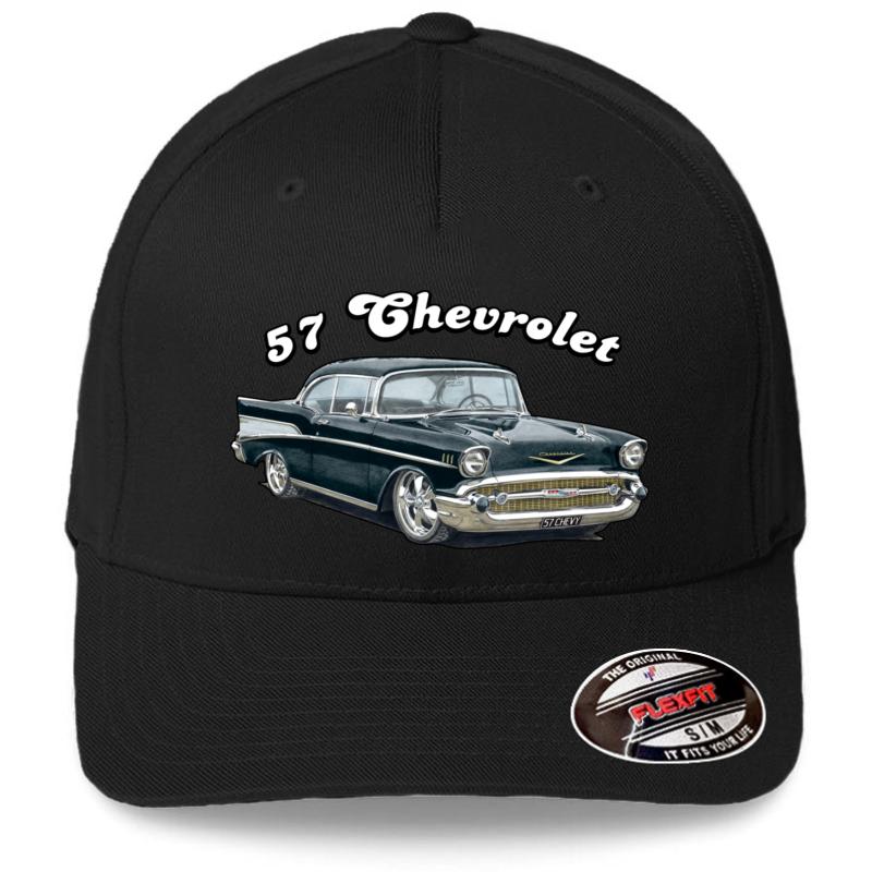 1957 Chevrolet Bel Air Design Flexfit Baseball Cap  Black