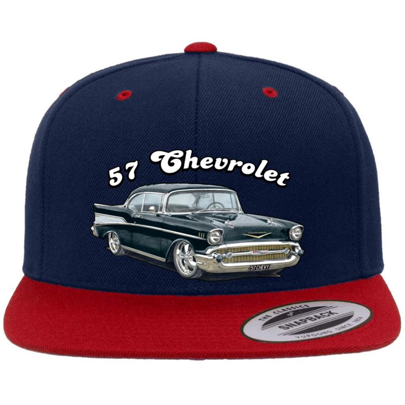 1957 Chevrolet Bel Air Design Premium Flat Bill Snapback Cap  Navy