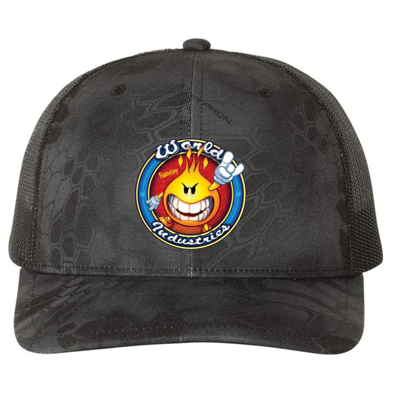 World Industries Flameboy Circle Richardson Premium Trucker Snapback Cap  Kryptek Typhon Black