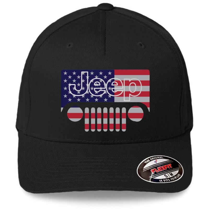 American Flag Jeep Flexfit Baseball Cap  Black