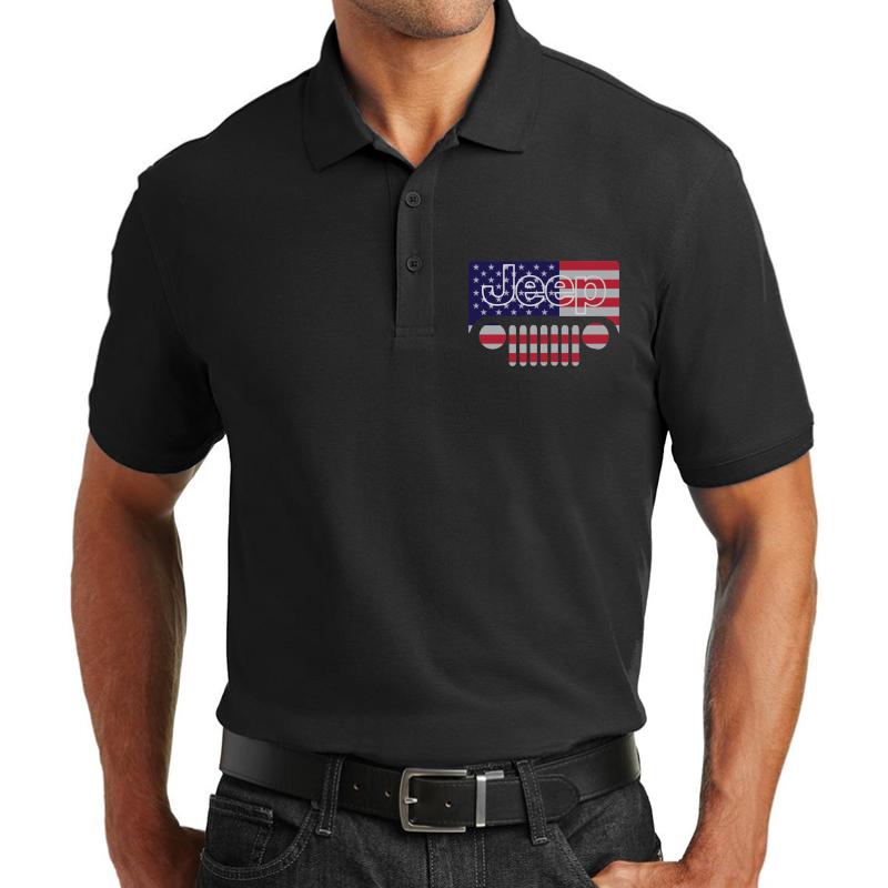 American Flag Jeep Unisex Polo Jersey Sport Shirt Men Black