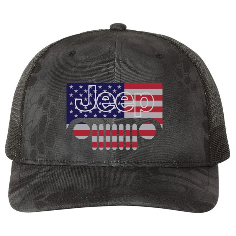 American Flag Jeep Richardson Premium Trucker Snapback Cap  Kryptek Typhon Black