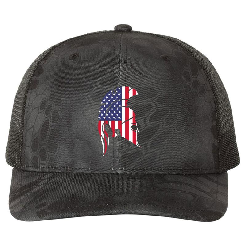 American Flag Spartan Richardson Premium Trucker Snapback Cap  Kryptek Typhon Black