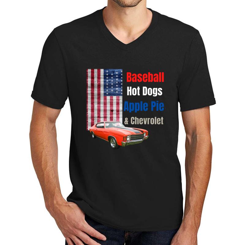 America Shirt Baseball Hot Dogs Apple Pie And Chevrolet Famous 70S Commercial Unisex V-Neck T-Shirt Men Black