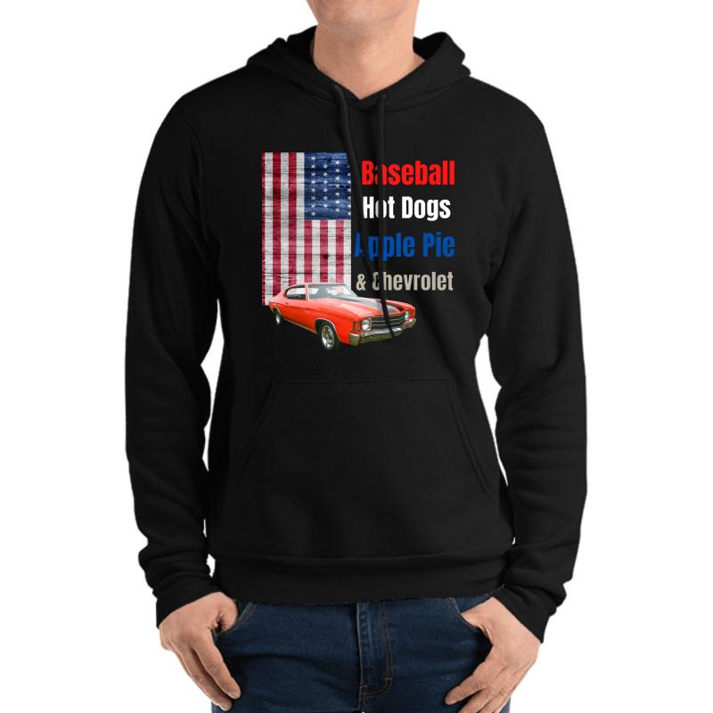 America Shirt Baseball Hot Dogs Apple Pie And Chevrolet Famous 70S Commercial Unisex Hooded Sweatshirt Men Black