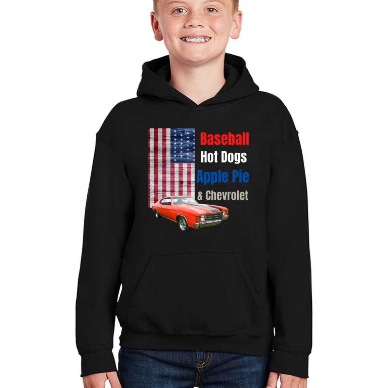 America Shirt Baseball Hot Dogs Apple Pie And Chevrolet Famous 70S Commercial Youth Hooded Sweatshirt Boy Black