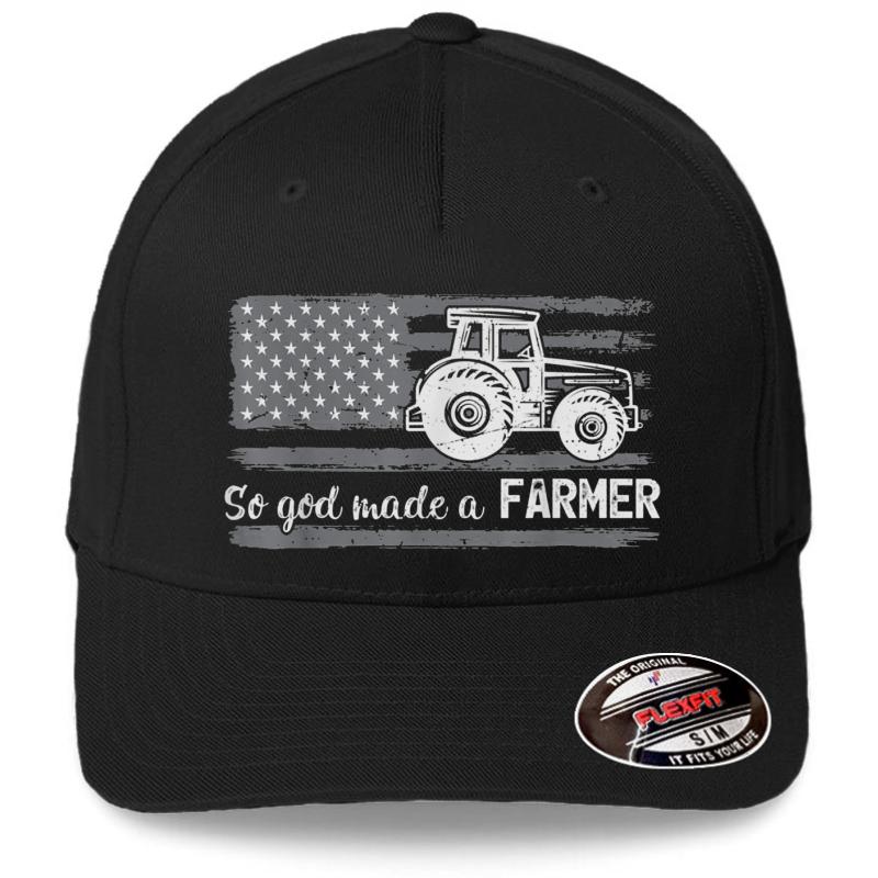 American Flag Tractor So God Made A Farmer Flexfit Baseball Cap  Black