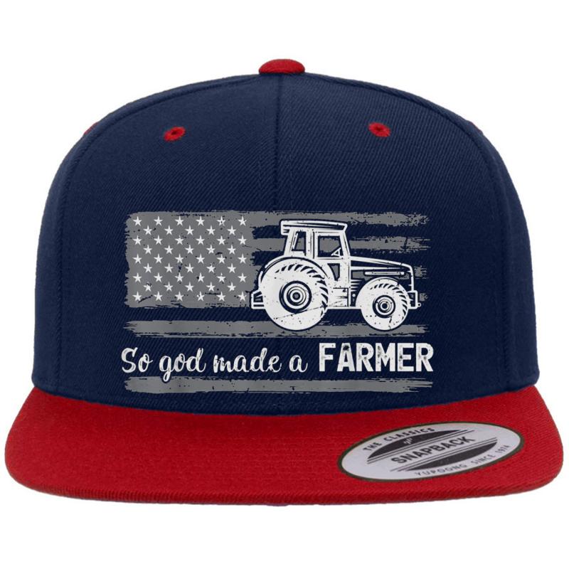 American Flag Tractor So God Made A Farmer Premium Flat Bill Snapback Cap  Navy