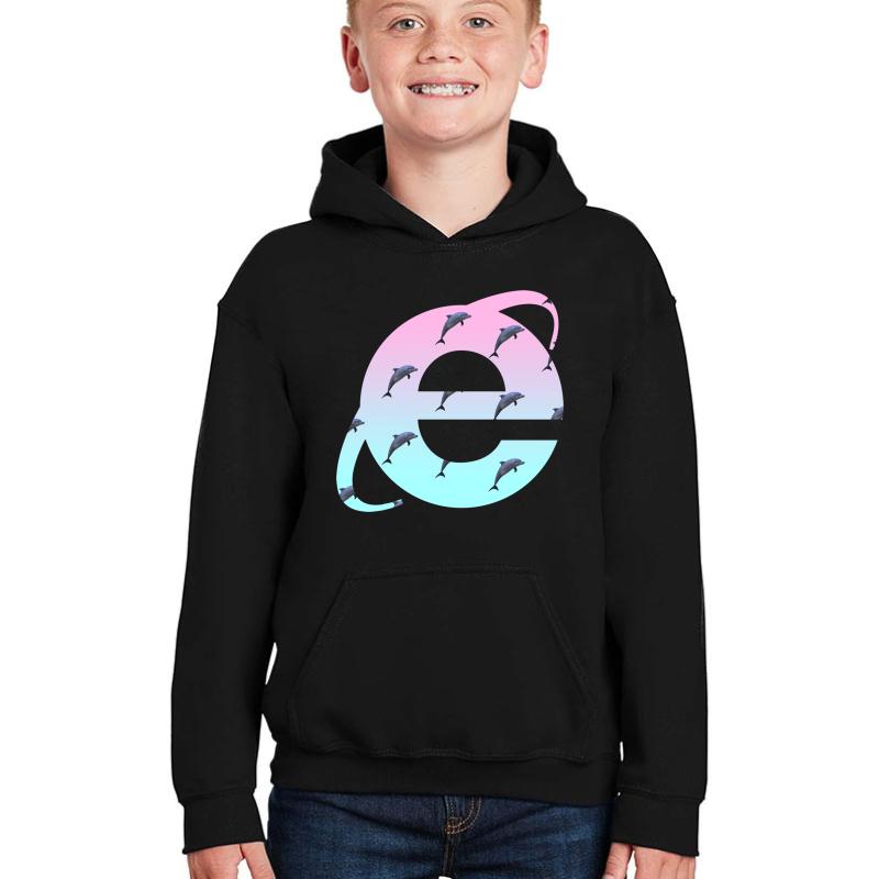 Vaporwave Dolphins Internet Explorer High Quality! New! Youth Hooded Sweatshirt Boy Black