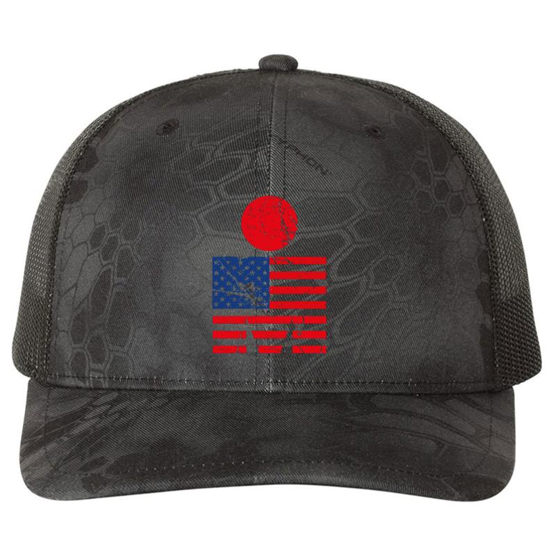 American Flag Ironman Triathlon Swim Bike Run Richardson Premium Trucker Snapback Cap  Kryptek Typhon Black