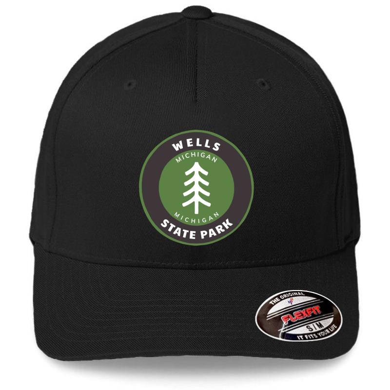 Wells State Park Michigan - Mi Forest Badge With A Tree Flexfit Baseball Cap  Black