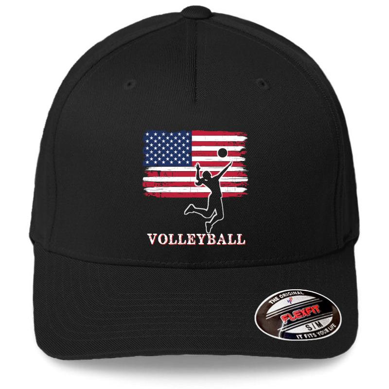 Women American Flag Volleyball Usa Gift- Ladies Volleyball Flexfit Baseball Cap  Black