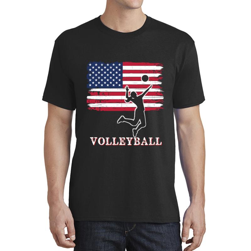 Women American Flag Volleyball Usa Gift- Ladies Volleyball Unisex T-Shirt Men Black