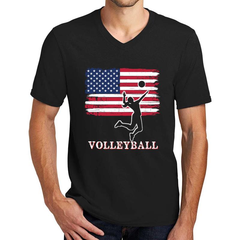 Women American Flag Volleyball Usa Gift- Ladies Volleyball Unisex V-Neck T-Shirt Men Black