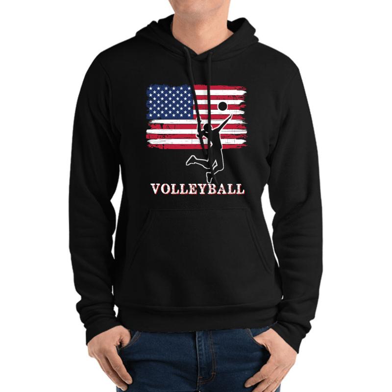 Women American Flag Volleyball Usa Gift- Ladies Volleyball Unisex Hooded Sweatshirt Men Black