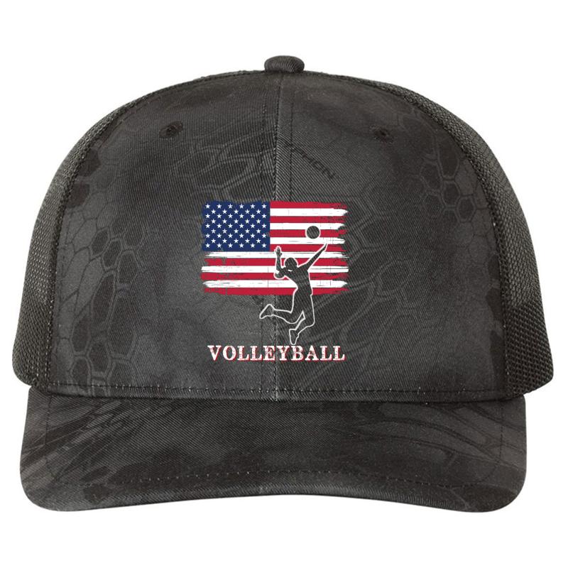 Women American Flag Volleyball Usa Gift- Ladies Volleyball Richardson Premium Trucker Snapback Cap  Kryptek Typhon Black