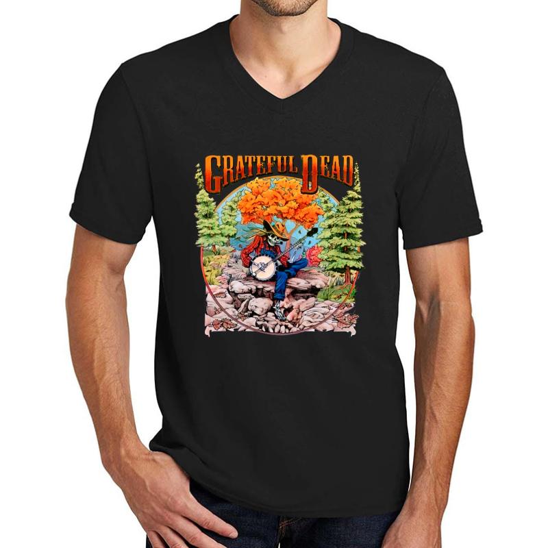 Vintage Grateful Dead Fall Tour 1994 Banjo Skeleton Mountain Concert Tour Unisex V-Neck T-Shirt Men Black