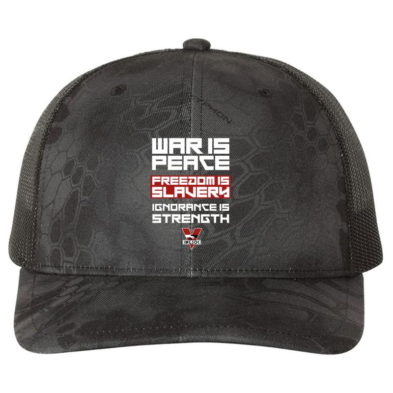 1984 - War Is Peace Freedom Is Slavery Ignorance Is Strength Richardson Premium Trucker Snapback Cap  Kryptek Typhon Black