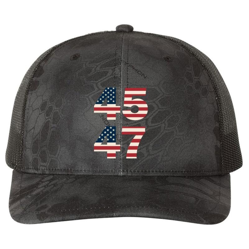 45 47 Trump 2024 Richardson Premium Trucker Snapback Cap  Kryptek Typhon Black