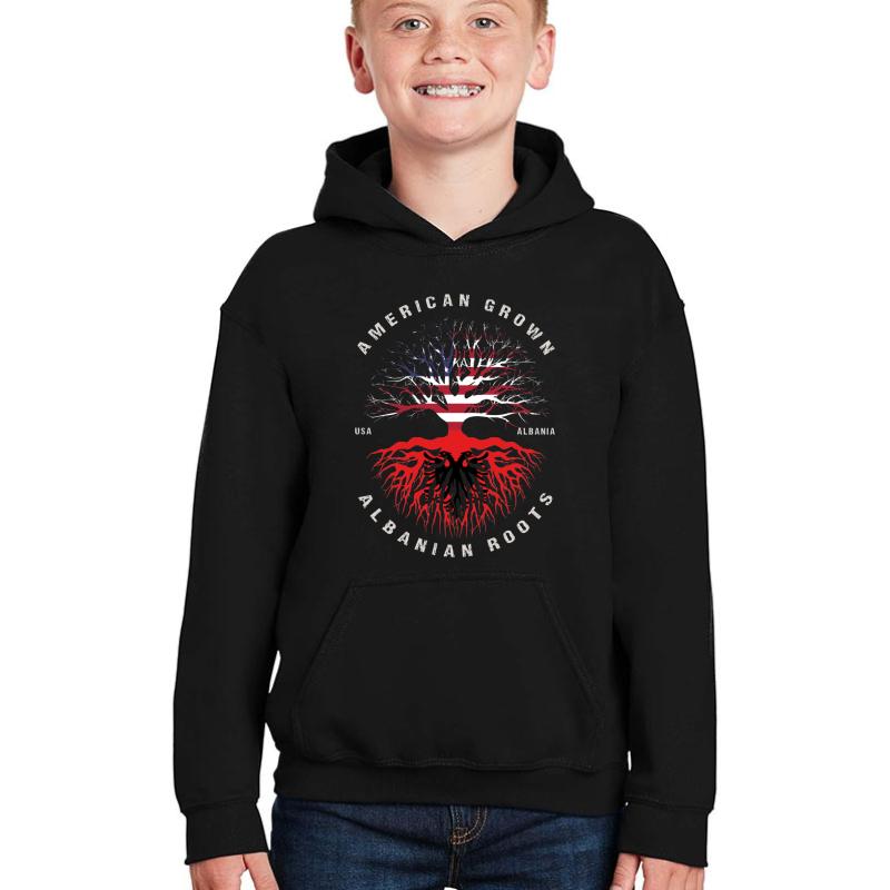 American Grown Albanian Roots Albania Flag Youth Hooded Sweatshirt Boy Black