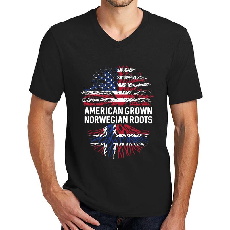 American Grown With Norwegian Roots Usa Flag Tree Norway Unisex V-Neck T-Shirt Men Black