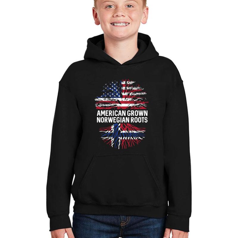 American Grown With Norwegian Roots Usa Flag Tree Norway Youth Hooded Sweatshirt Boy Black