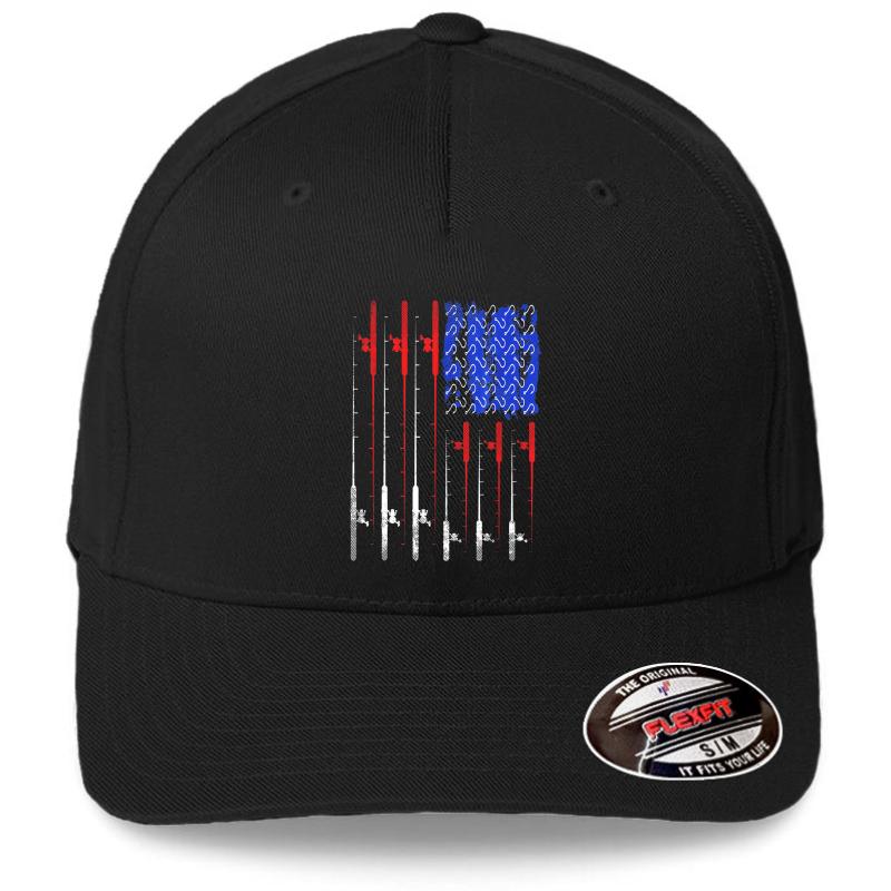 American Flag Fishing Rod Usa Flexfit Baseball Cap  Black