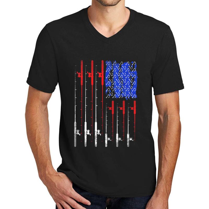 American Flag Fishing Rod Usa Unisex V-Neck T-Shirt Men Black