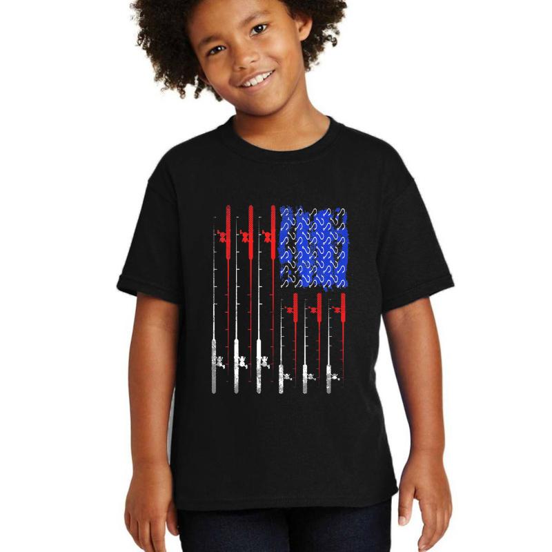 American Flag Fishing Rod Usa Youth T-Shirt Boy Black