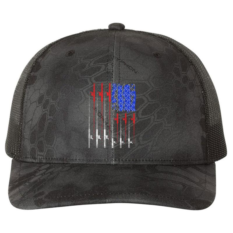 American Flag Fishing Rod Usa Richardson Premium Trucker Snapback Cap  Kryptek Typhon Black